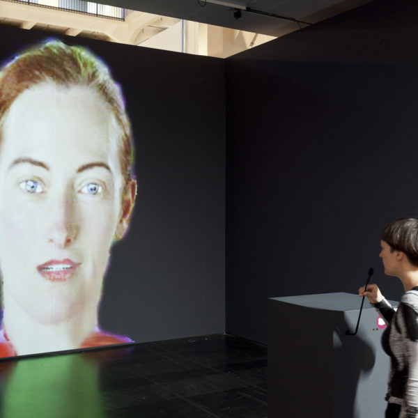 TW_2014-01-09_Civic-Radar_MG_8888_cc-hershman Lynn Hershman Leeson, DiNA, Artificial Intelligent Agent Installation. Interactive network-based multimedia installation (custom software, sound, voice recognition, voice synthesis, sensors, one way mirror; alternative presentation with projection), 64 x 60 x 17 cm (dimensions of installation variable). 2004.