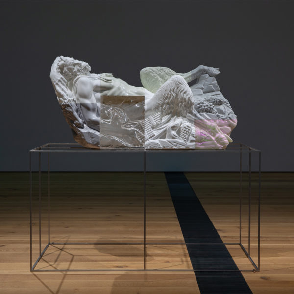 Oliver Laric, Reclining Pan. Stereolithography, selective laser sintering, polyamide, polyurethane, pigments, aluminium base. 145.7 x 151.7 x 83.7 cm. 2019